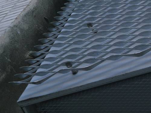 Green aluminum expanded metal meshes with diamond holes are installed on the architectural building facades by trellis.