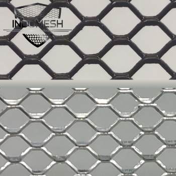 Green aluminum expanded metal meshes with diamond holes are installed on the architectural building facades by trellis.