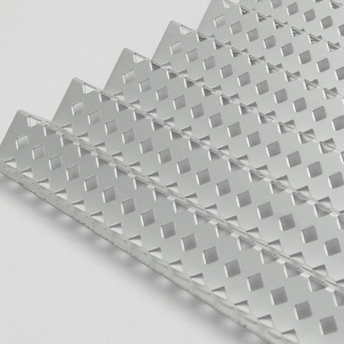 Green aluminum expanded metal meshes with diamond holes are installed on the architectural building facades by trellis.